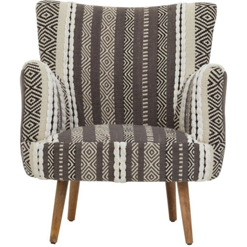 Boho Grey And White Textured Cotton And Solid Mango Wood Armchair Accent Chair