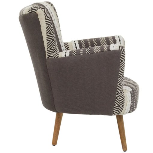 Boho Grey And White Textured Cotton And Solid Mango Wood Armchair Accent Chair