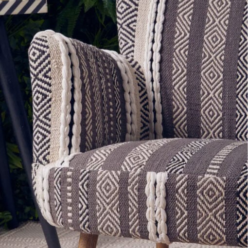 Boho Grey And White Textured Cotton And Solid Mango Wood Armchair Accent Chair