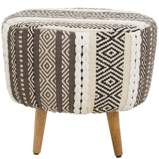 Boho Grey And White Textured Cotton And Solid Mango Wood Stool Footstool