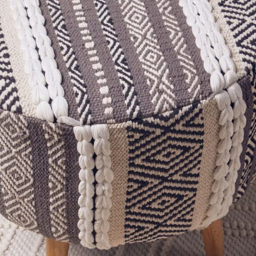 Boho Grey And White Textured Cotton And Solid Mango Wood Stool Footstool
