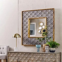 Boho Grey Solid Carved Mango Wood And Gold Metal Large Wall Mirror 104cm