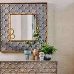 Boho Grey Solid Carved Mango Wood And Gold Metal Large Wall Mirror 104cm