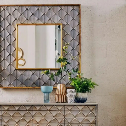 Boho Grey Solid Carved Mango Wood And Gold Metal Large Wall Mirror 104cm