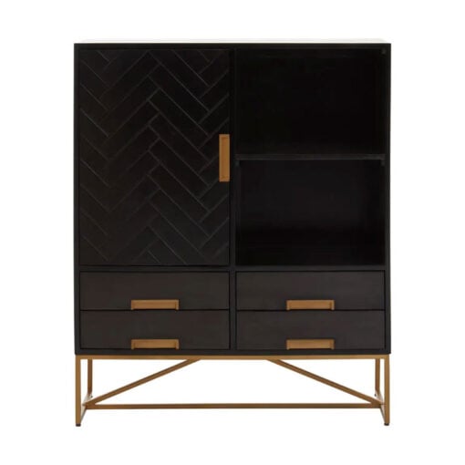Boho Herringbone Black Solid Mango Wood And Gold Metal Display Cabinet Sideboard
