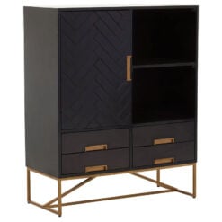 Boho Herringbone Black Solid Mango Wood And Gold Metal Display Cabinet Sideboard