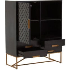 Boho Herringbone Black Solid Mango Wood And Gold Metal Display Cabinet Sideboard