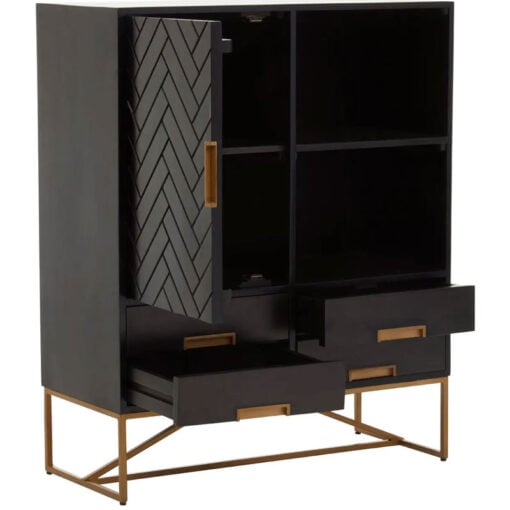 Boho Herringbone Black Solid Mango Wood And Gold Metal Display Cabinet Sideboard