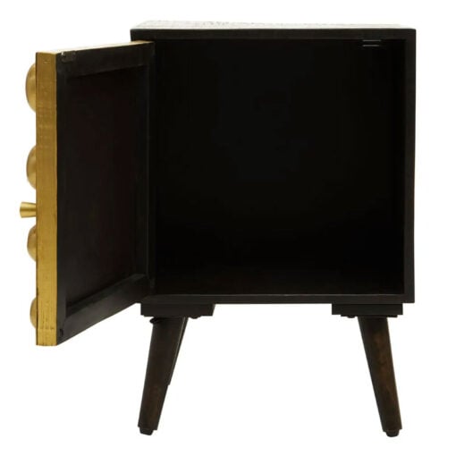 Boho Mid Century Black Solid Mango Wood And Gold Metal Bedside Cabinet Side Table