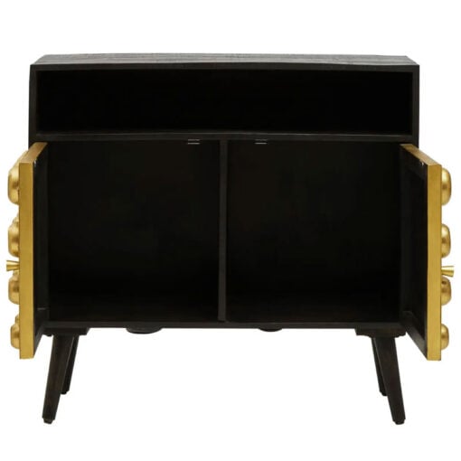 Boho Mid Century Black Solid Mango Wood And Gold Metal Small Sideboard Cabinet