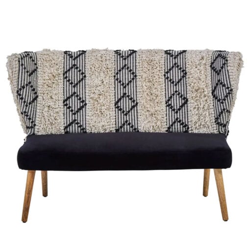 Boho Moroccan Black And White Shaggy 2 Seater Sofa With Solid Mango Wood Legs
