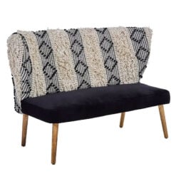 Boho Moroccan Black And White Shaggy 2 Seater Sofa With Solid Mango Wood Legs