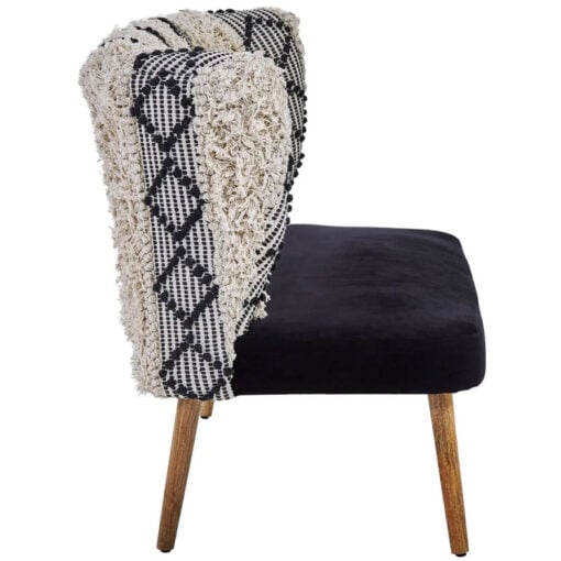 Boho Moroccan Black And White Shaggy 2 Seater Sofa With Solid Mango Wood Legs