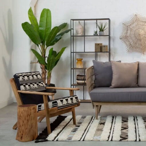 Boho Moroccan Black And White Shaggy Armchair With Solid Mango Wood Frame