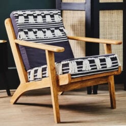 Boho Moroccan Black And White Shaggy Armchair With Solid Mango Wood Frame