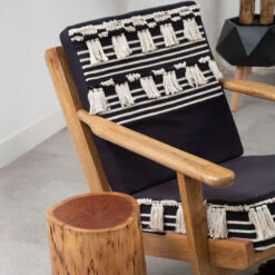 Boho Moroccan Black And White Shaggy Armchair With Solid Mango Wood Frame
