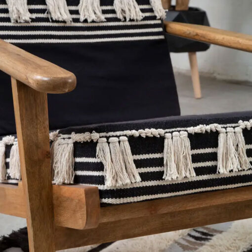 Boho Moroccan Black And White Shaggy Armchair With Solid Mango Wood Frame