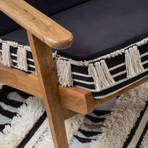 Boho Moroccan Black And White Shaggy Armchair With Solid Mango Wood Frame