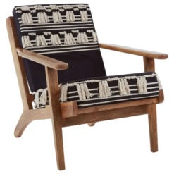 Boho Moroccan Black And White Shaggy Armchair With Solid Mango Wood Frame