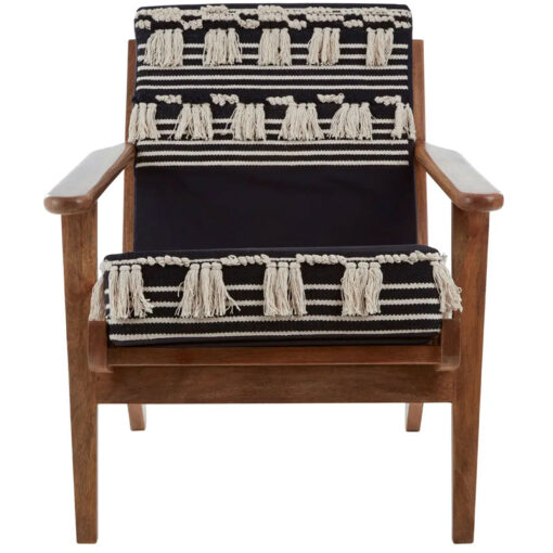 Boho Moroccan Black And White Shaggy Armchair With Solid Mango Wood Frame