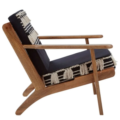 Boho Moroccan Black And White Shaggy Armchair With Solid Mango Wood Frame
