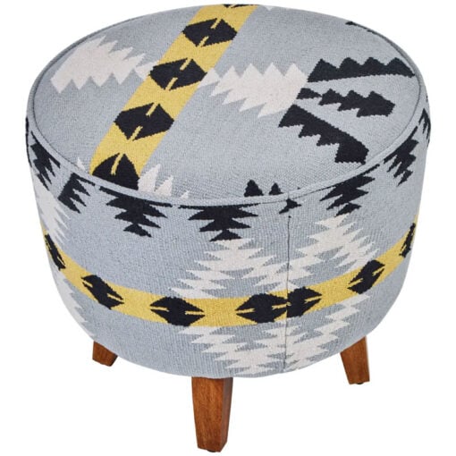 Boho Multicoloured Geometric Cotton Upholstery Stool With Solid Mango Wood Legs