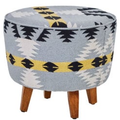 Boho Multicoloured Geometric Cotton Upholstery Stool With Solid Mango Wood Legs