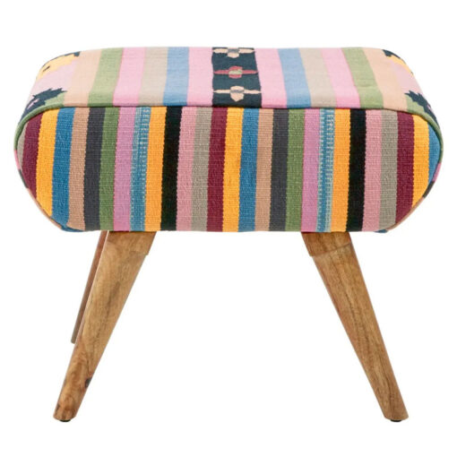 Boho Multicoloured Tribal Cotton Upholstery Stool With Solid Mango Wood Legs
