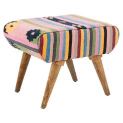 Boho Multicoloured Tribal Cotton Upholstery Stool With Solid Mango Wood Legs