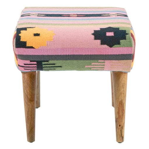 Boho Multicoloured Tribal Cotton Upholstery Stool With Solid Mango Wood Legs