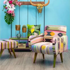 Boho Multicoloured Tribal Cotton Upholstery Stool With Solid Mango Wood Legs