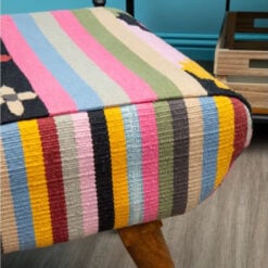 Boho Multicoloured Tribal Cotton Upholstery Stool With Solid Mango Wood Legs