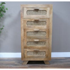 Boho Rustic 5 Drawer Solid Light Mango Wood And Rattan Chest Of Drawers