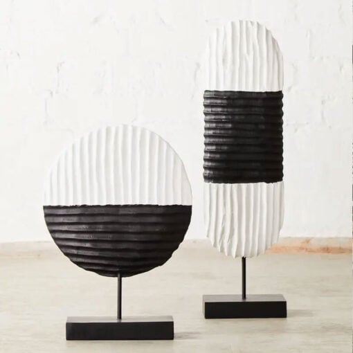 Boho Rustic Black And White Solid Mango Wood Oblong Abstract Sculpture Home Decor Accessory 60cm