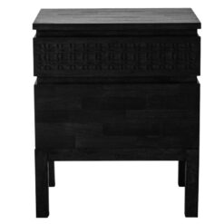 Boho Rustic Black Mango Wood Carved 2 Drawer Bedside Cabinet