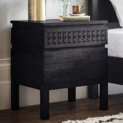 Boho Rustic Black Mango Wood Carved 2 Drawer Bedside Cabinet