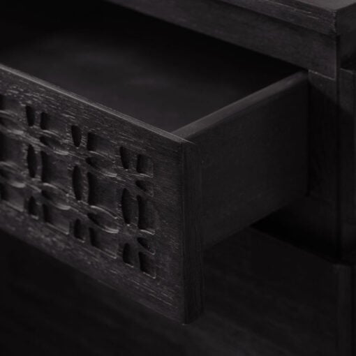 Boho Rustic Black Mango Wood Carved 2 Drawer Bedside Cabinet