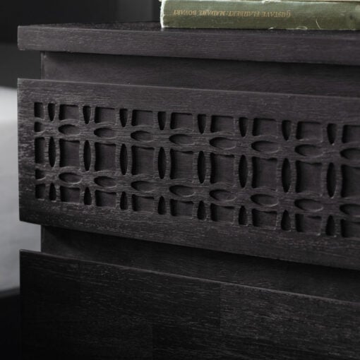 Boho Rustic Black Mango Wood Carved 2 Drawer Bedside Cabinet