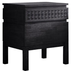 Boho Rustic Black Mango Wood Carved 2 Drawer Bedside Cabinet