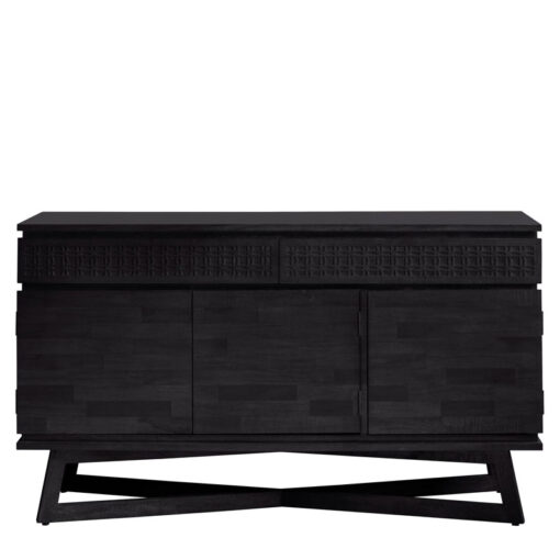 Boho Rustic Black Mango Wood Carved 3 Door 2 Drawer Sideboard 140cm