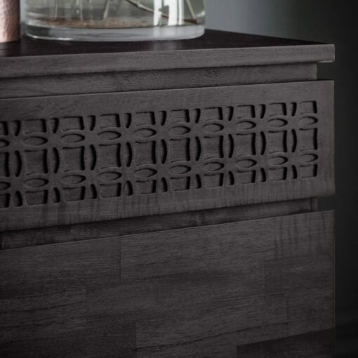 Boho Rustic Black Mango Wood Carved 3 Door 2 Drawer Sideboard 140cm
