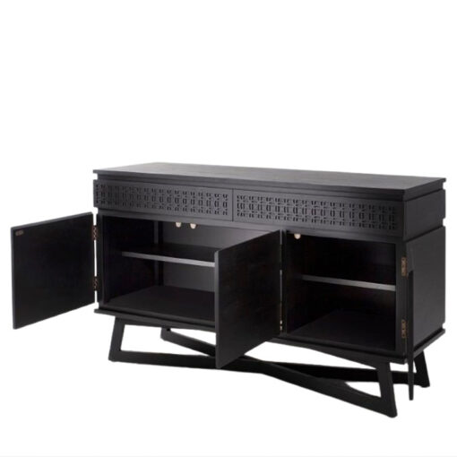 Boho Rustic Black Mango Wood Carved 3 Door 2 Drawer Sideboard 140cm