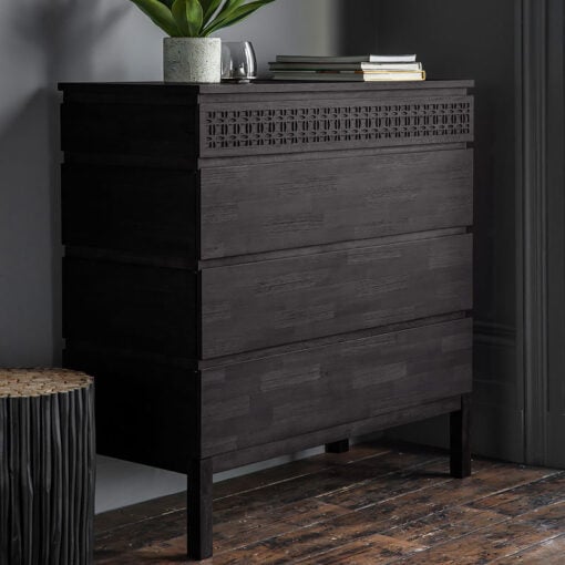 Boho Rustic Black Mango Wood Carved 4 Drawer Chest Of Drawers