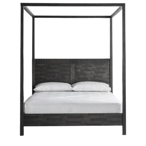 Boho Rustic Black Mango Wood Carved 4 Poster King Size Bed Frame 161cm