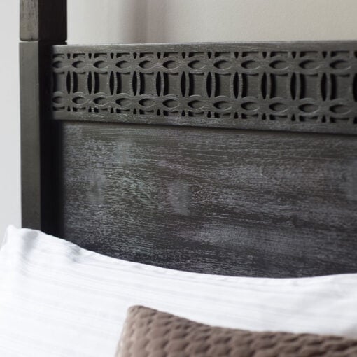 Boho Rustic Black Mango Wood Carved 4 Poster King Size Bed Frame 161cm