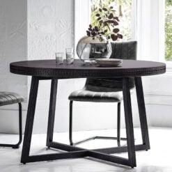 Boho Rustic Black Mango Wood Carved Round 4 Seater Dining Table 120cm