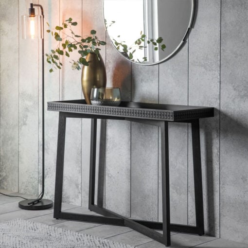 Boho Rustic Black Mango Wood Carved Tray Top Console Table 110cm