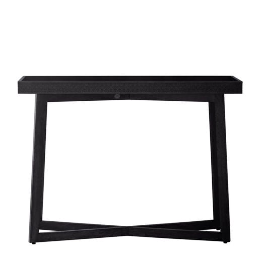 Boho Rustic Black Mango Wood Carved Tray Top Console Table 110cm