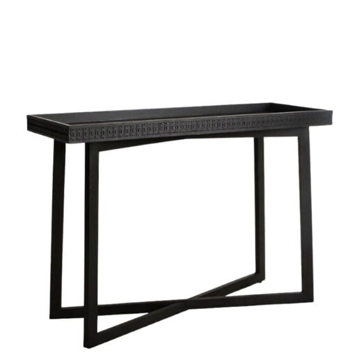 Boho Rustic Black Mango Wood Carved Tray Top Console Table 110cm