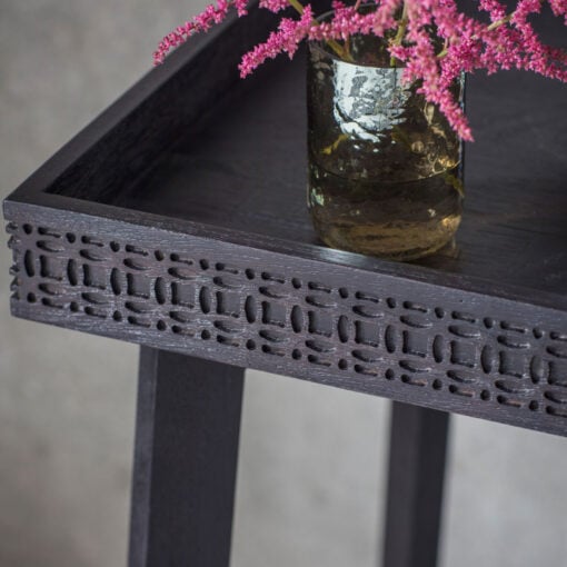 Boho Rustic Black Mango Wood Carved Tray Top Side Table End Table